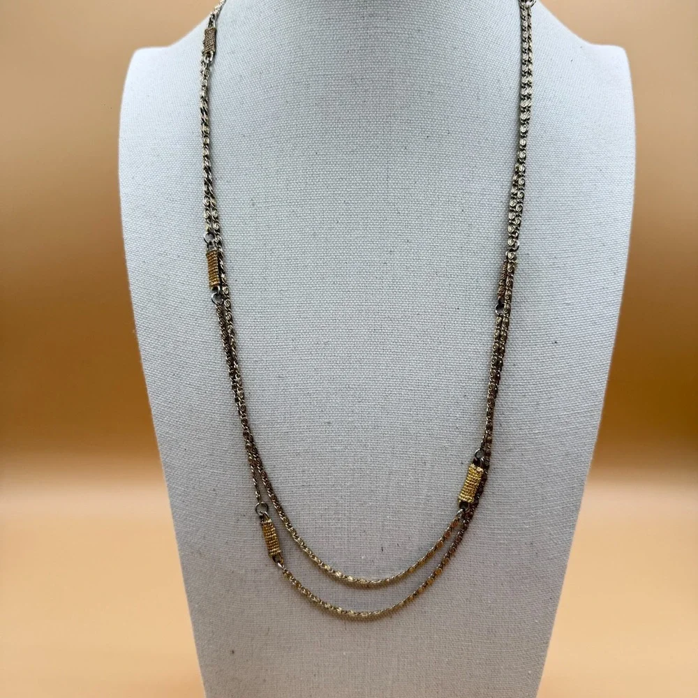 Two Tone Silver & Gold Tone Double Strand Byzantine Chain Necklace Statement